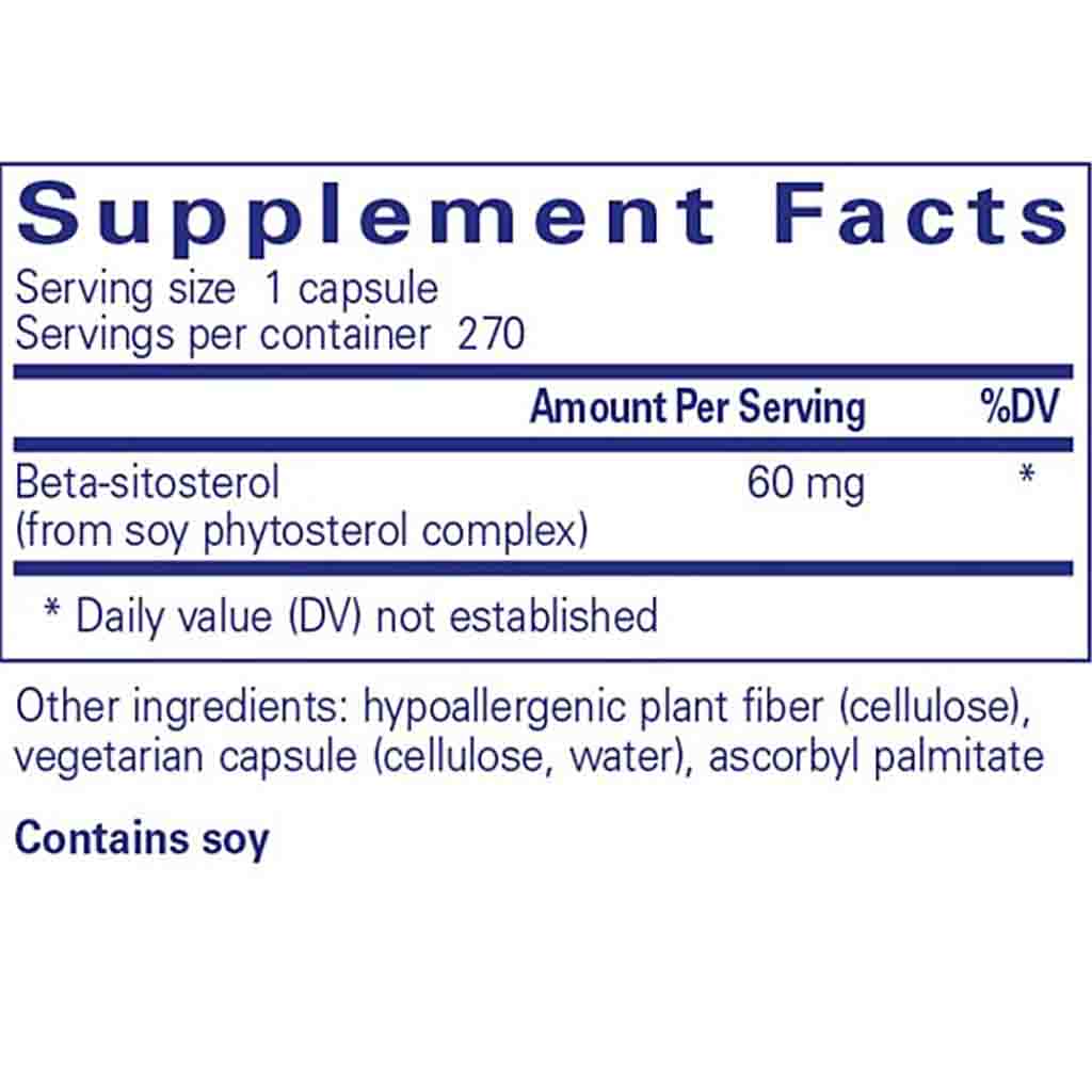 Supplement facts label for a product containing beta-sitosterol with serving size, servings per container, and ingredient list.