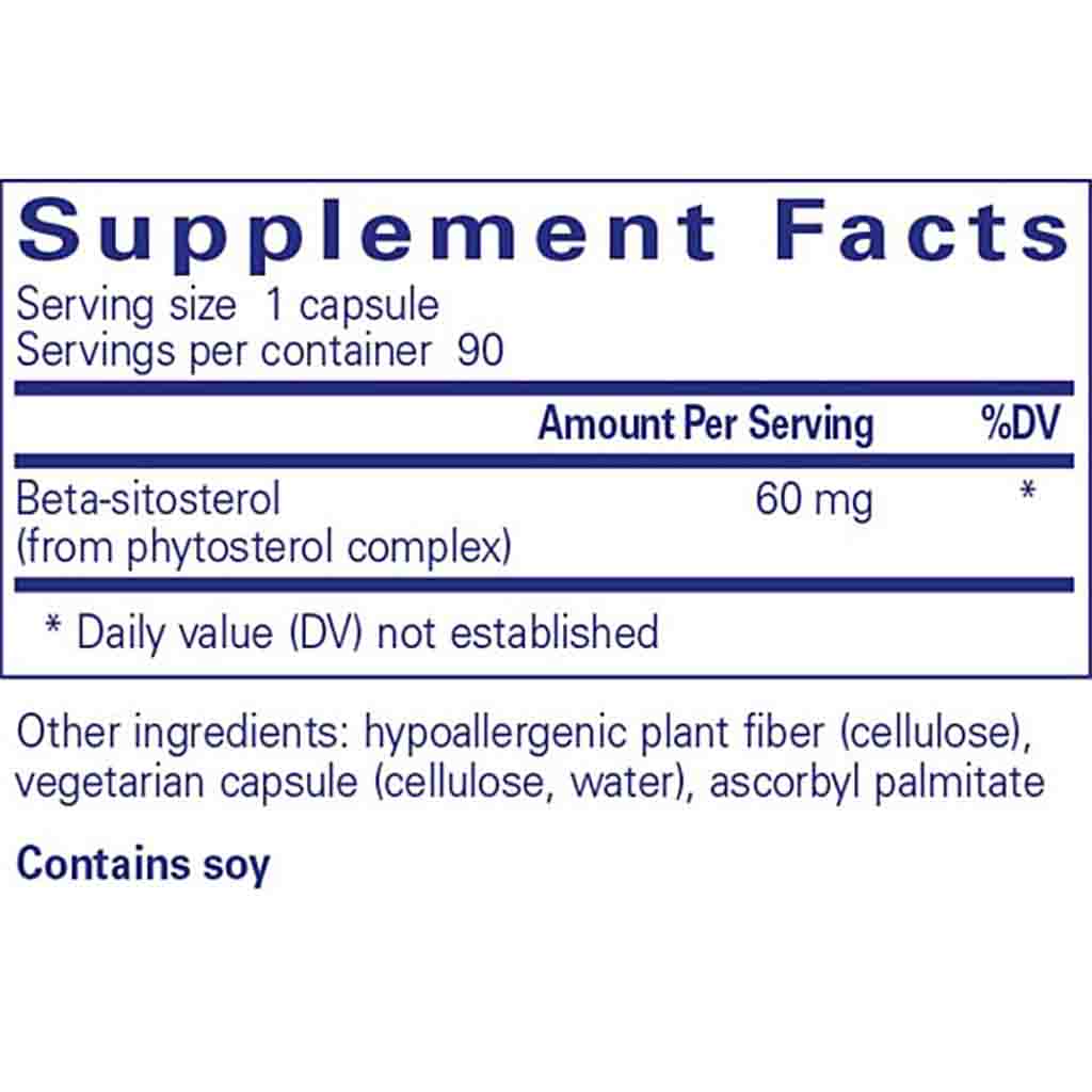 Supplement facts label with beta-sitosterol content on a white background