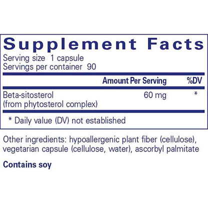 Supplement facts label with beta-sitosterol content on a white background