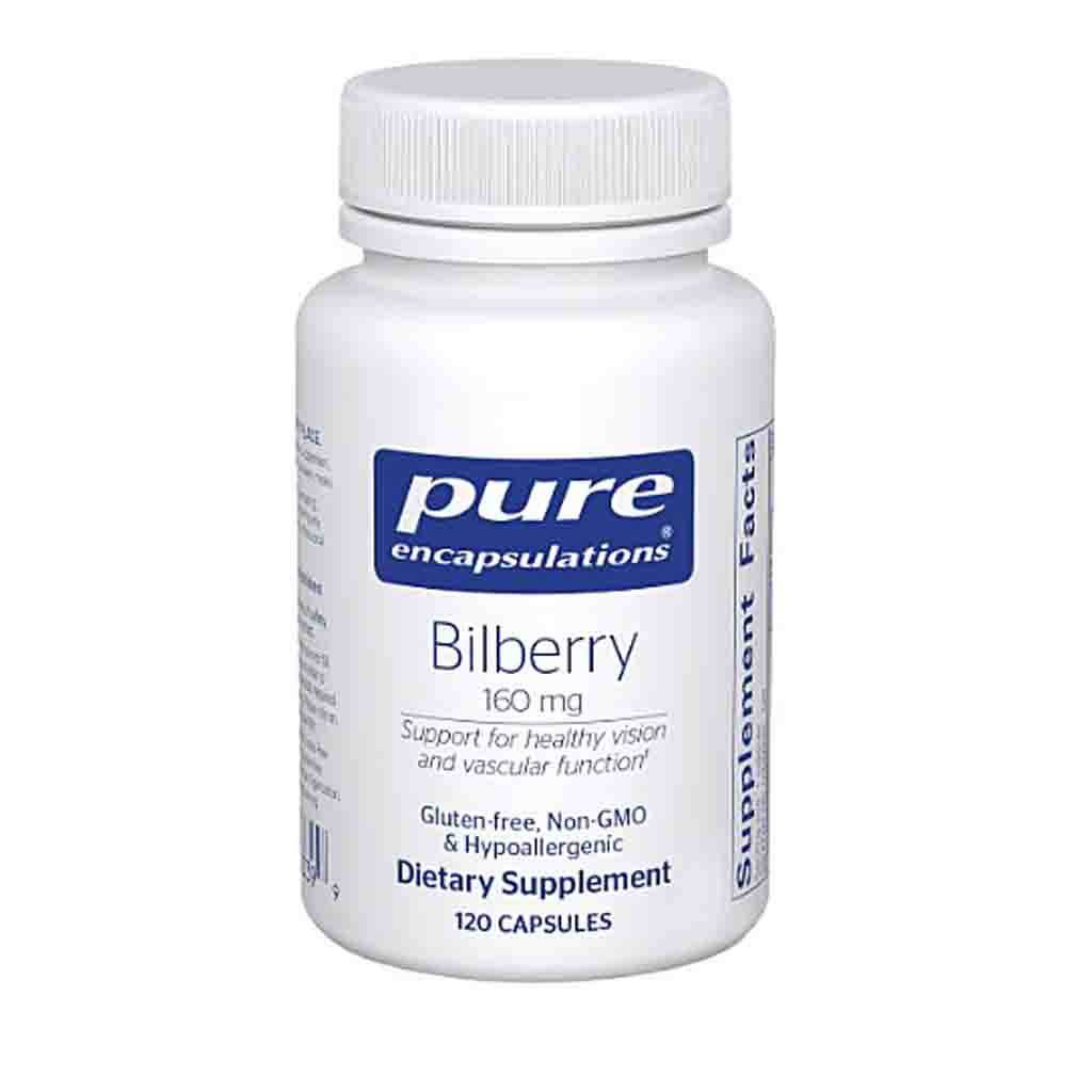 Bottle of Pure Encapsulations Bilberry dietary supplement on a white background