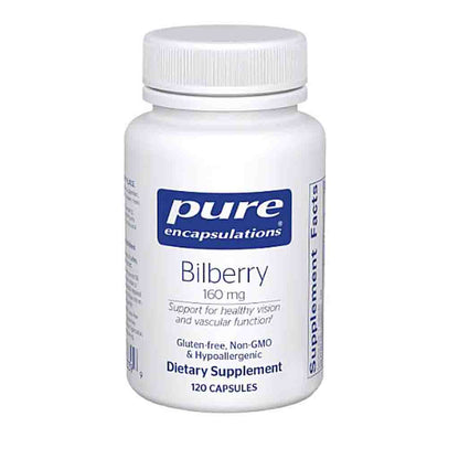 Bottle of Pure Encapsulations Bilberry dietary supplement on a white background