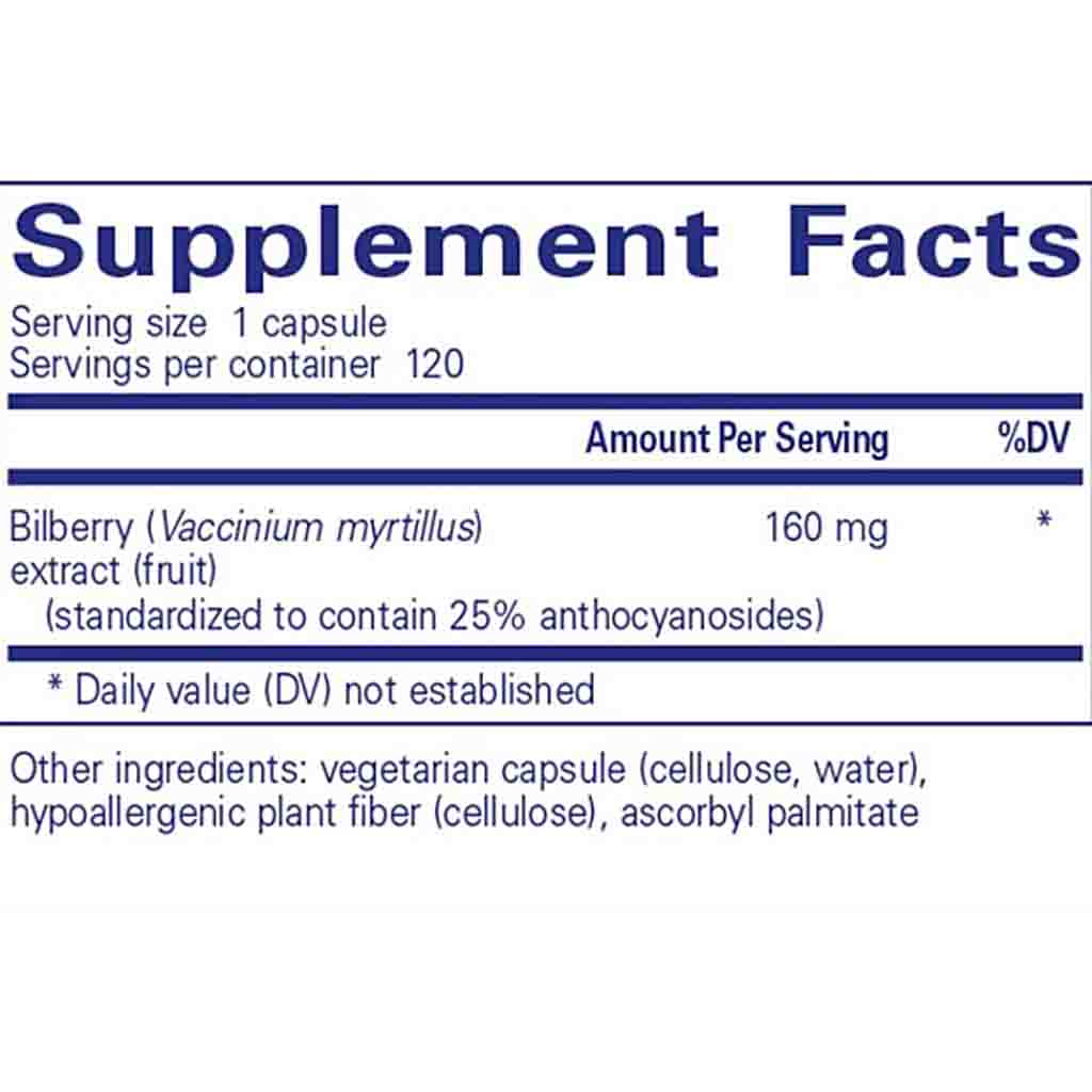 Supplement facts label for bilberry extract capsules on a white background