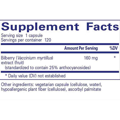 Supplement facts label for bilberry extract capsules on a white background