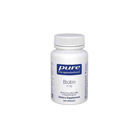 Supplement bottle labeled 'pure encapsulations Biotin' on a white background