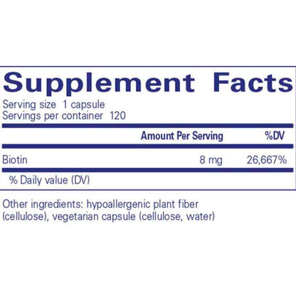 Supplement facts label with biotin content on a white background