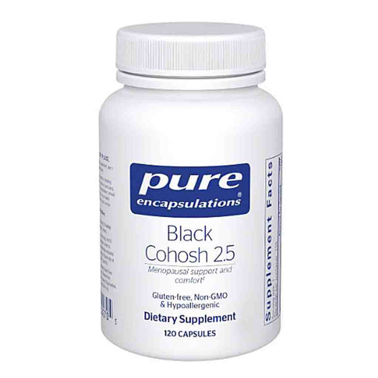 White supplement bottle labeled 'pure encapsulations Black Cohosh 2.5' on a white background