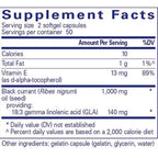 Supplement facts label for a product with vitamin E and black currant oil content.