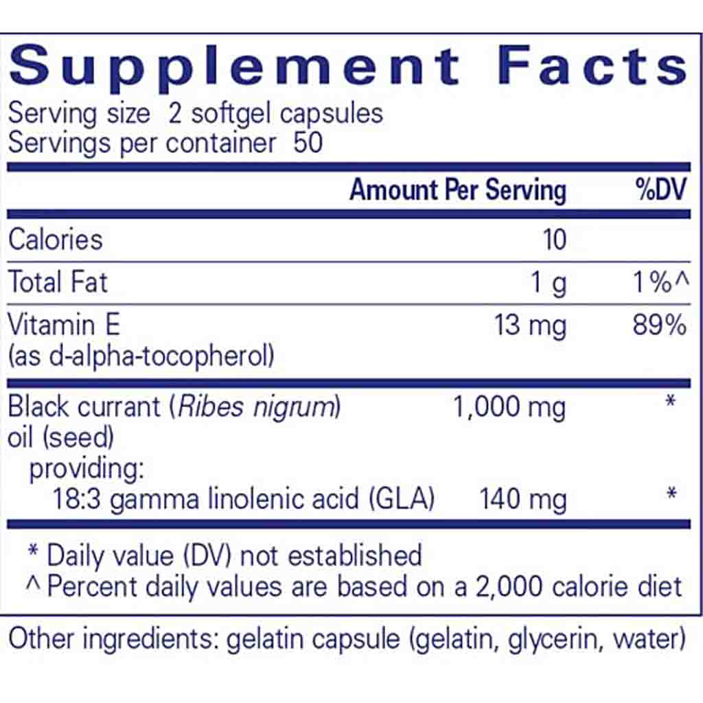 Supplement facts label for a product with vitamin E and black currant oil content.