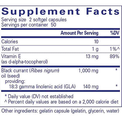 Supplement facts label for a product with vitamin E and black currant oil content.