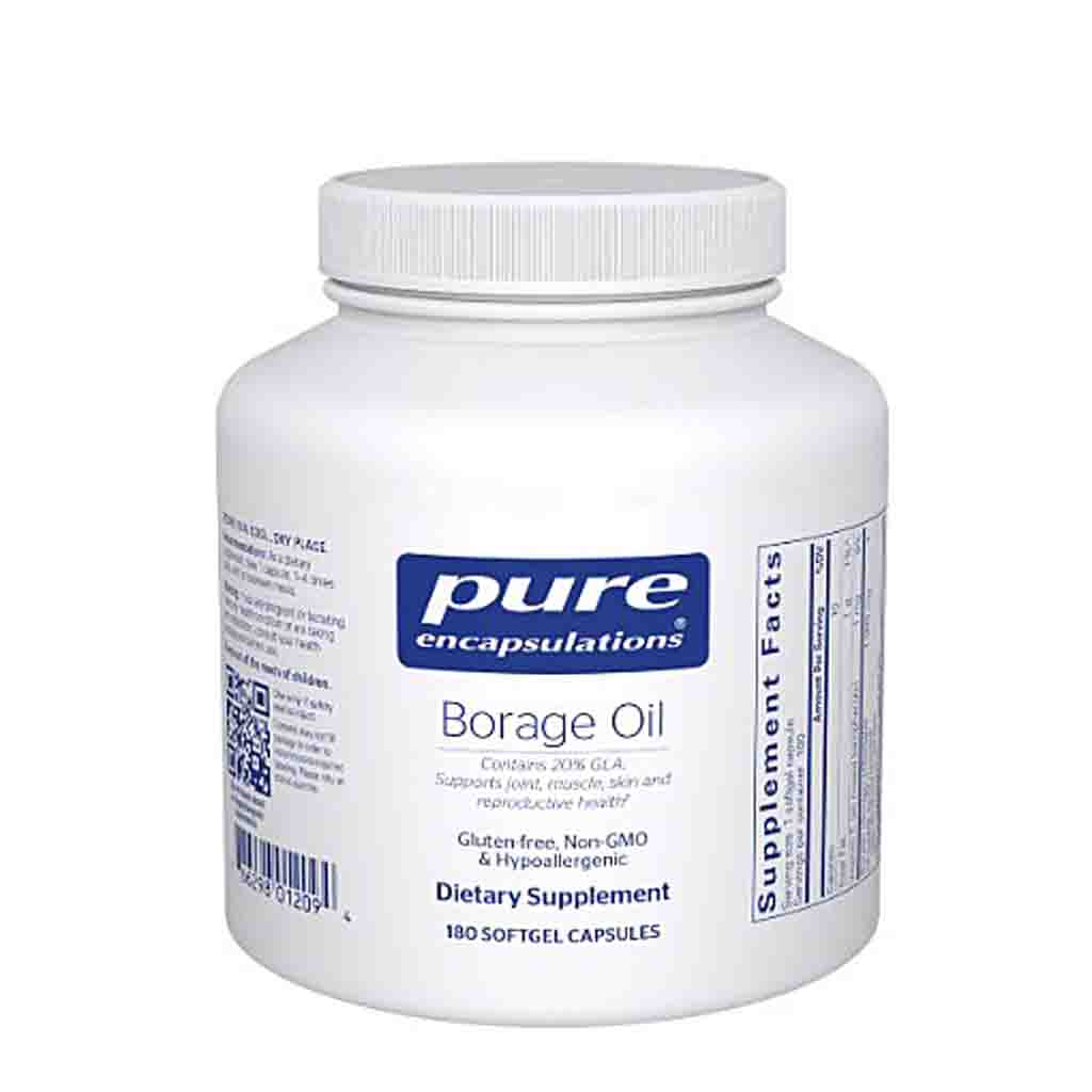 Supplement bottle labeled 'pure encapsulations Borage Oil' on a white background