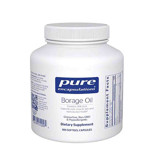 Supplement bottle labeled 'pure encapsulations Borage Oil' on a white background