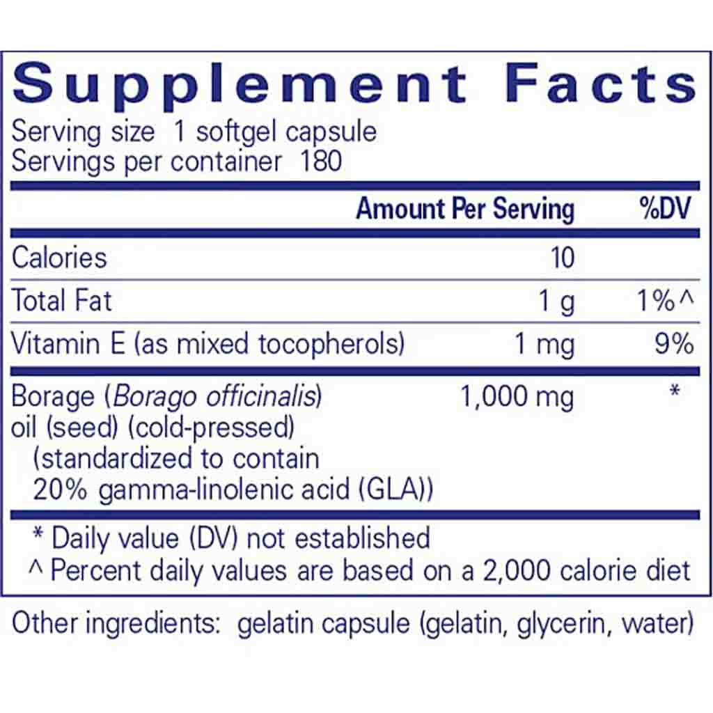Supplement facts label for a product with Borage oil and Vitamin E.