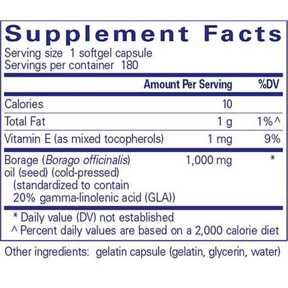 Supplement facts label for a product with Borage oil and Vitamin E.