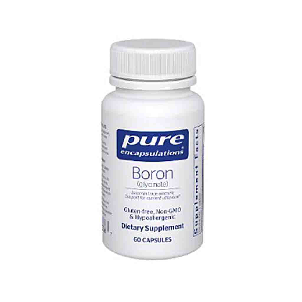 Supplement bottle labeled 'pure encapsulations Boron' on a white background