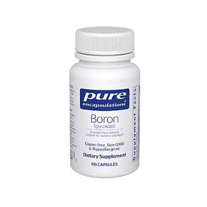 Supplement bottle labeled 'pure encapsulations Boron' on a white background