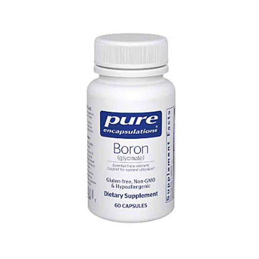 Supplement bottle labeled 'pure encapsulations Boron' on a white background