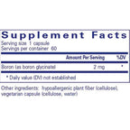 Supplement facts label with boron content and other ingredients on a white background