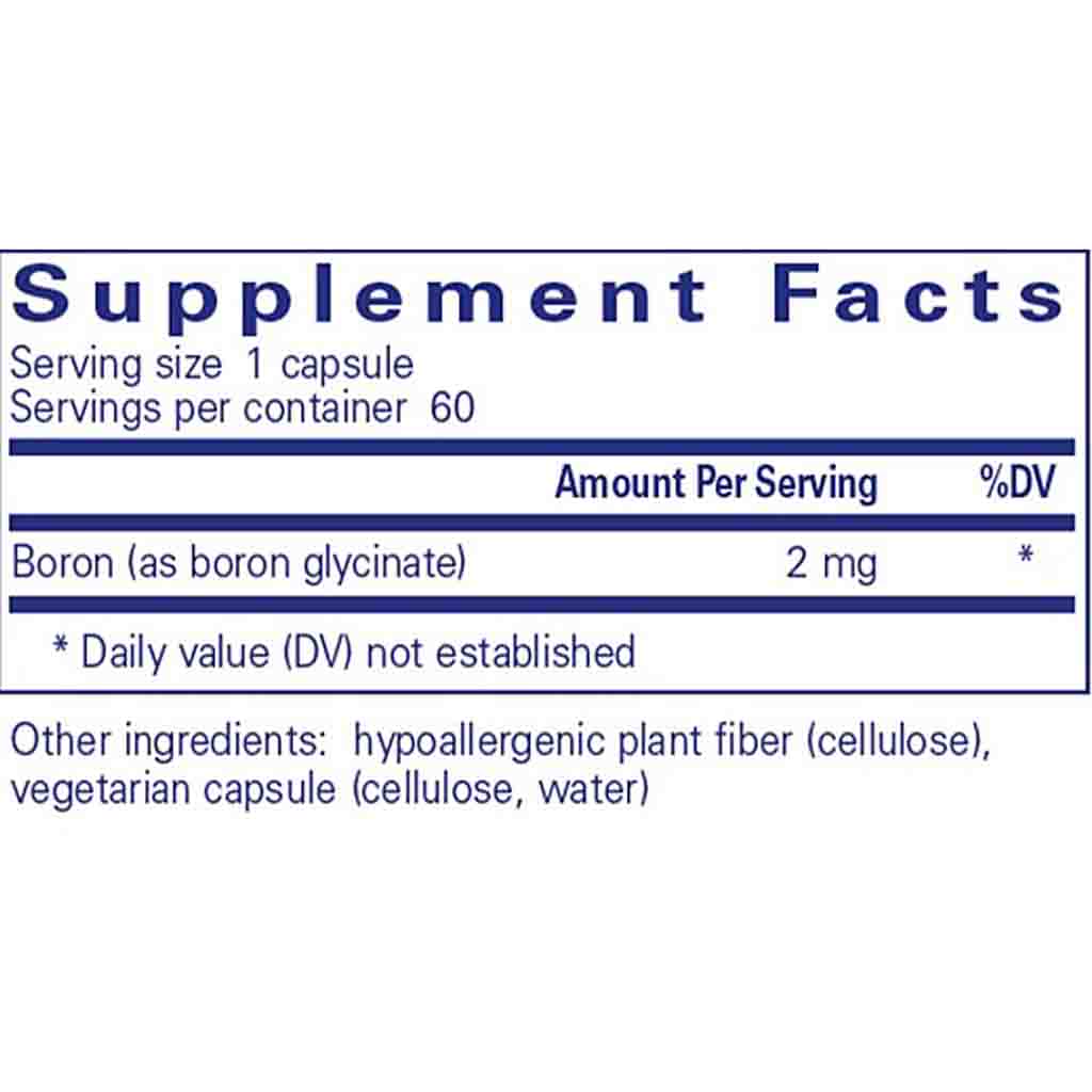 Supplement facts label with boron content and other ingredients on a white background