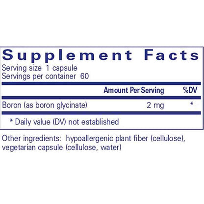 Supplement facts label with boron content and other ingredients on a white background