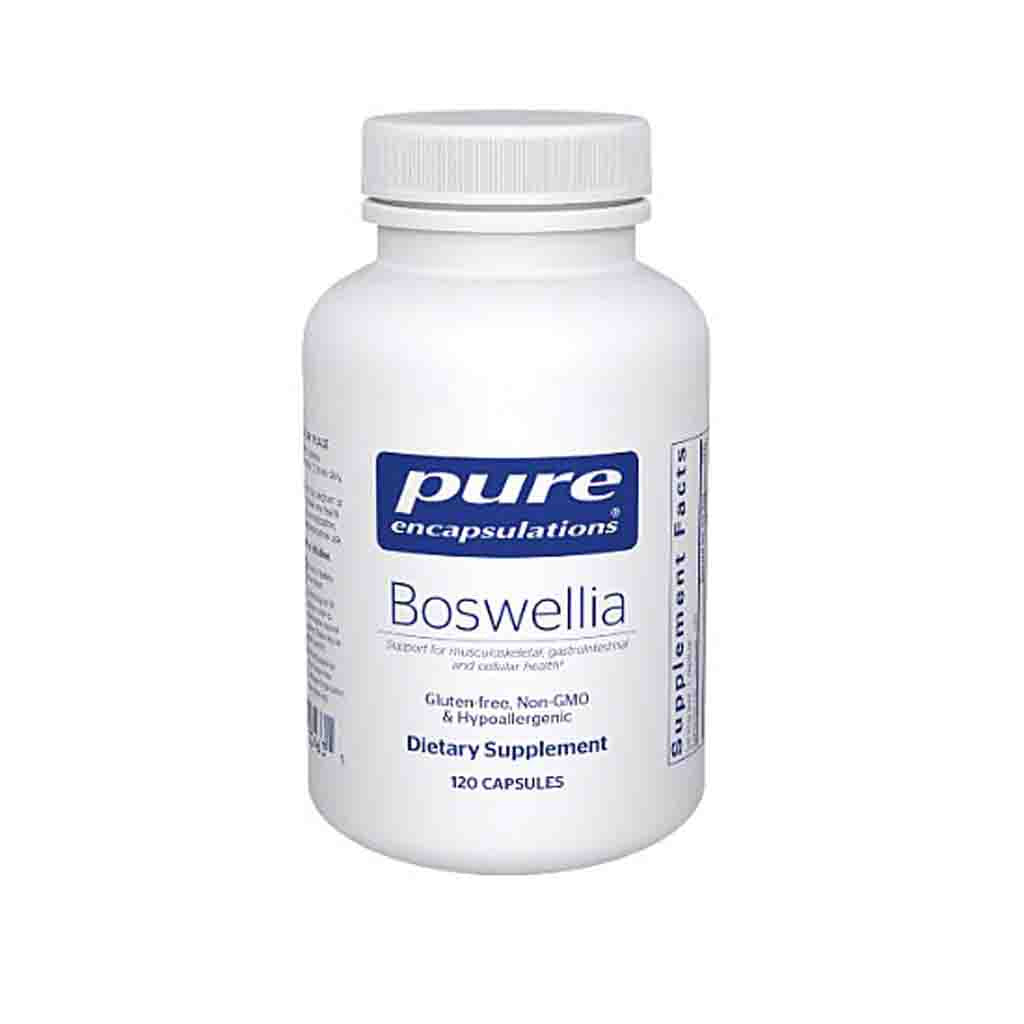 Bottle of pure encapsulations Boswellia dietary supplement on a white background