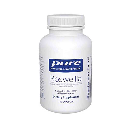 Bottle of pure encapsulations Boswellia dietary supplement on a white background