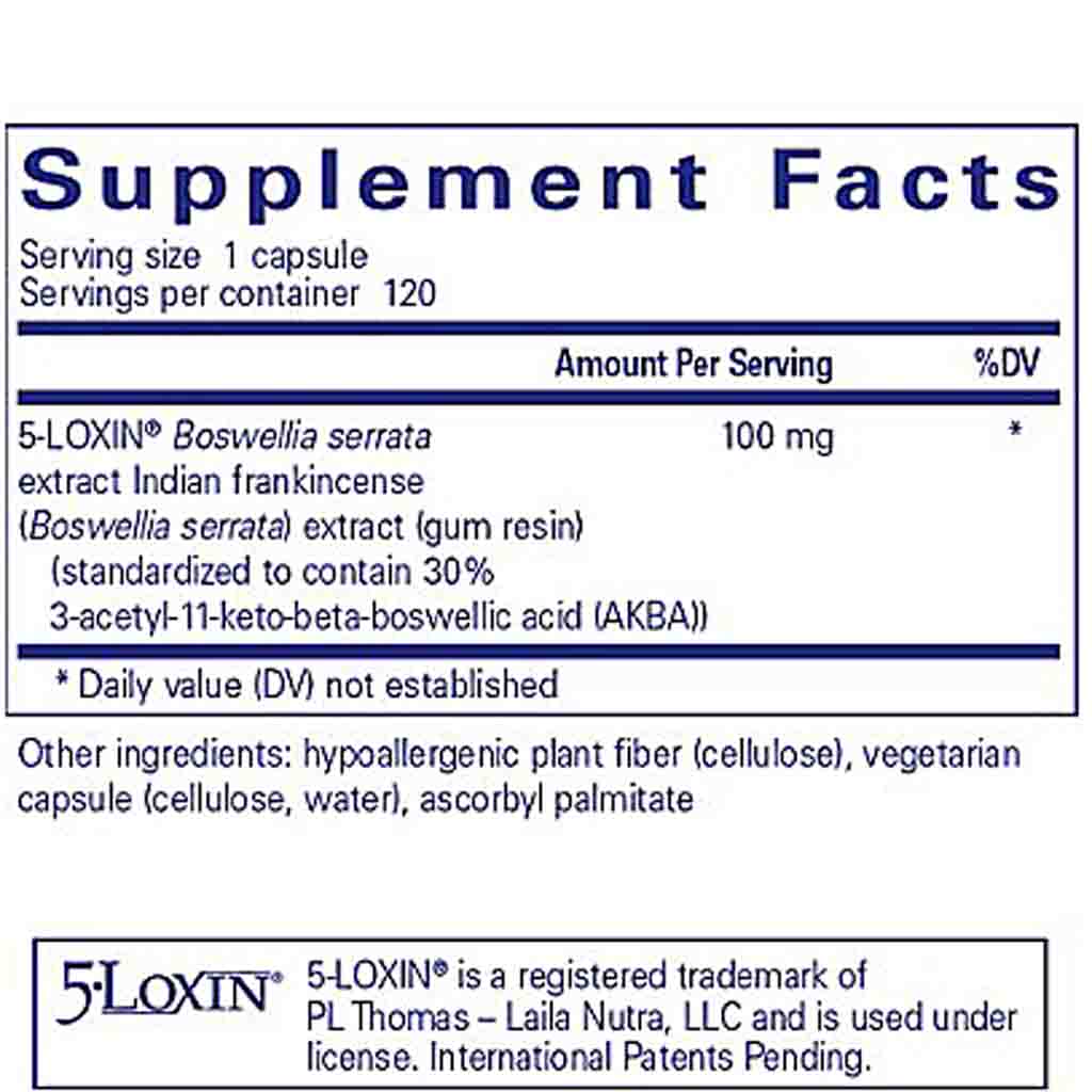 Supplement facts label for a product containing 5-LOXIN Boswellia serrata extract.