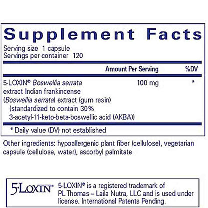 Supplement facts label for a product containing 5-LOXIN Boswellia serrata extract.