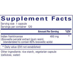 Supplement facts label for Indian frankincense extract on a white background
