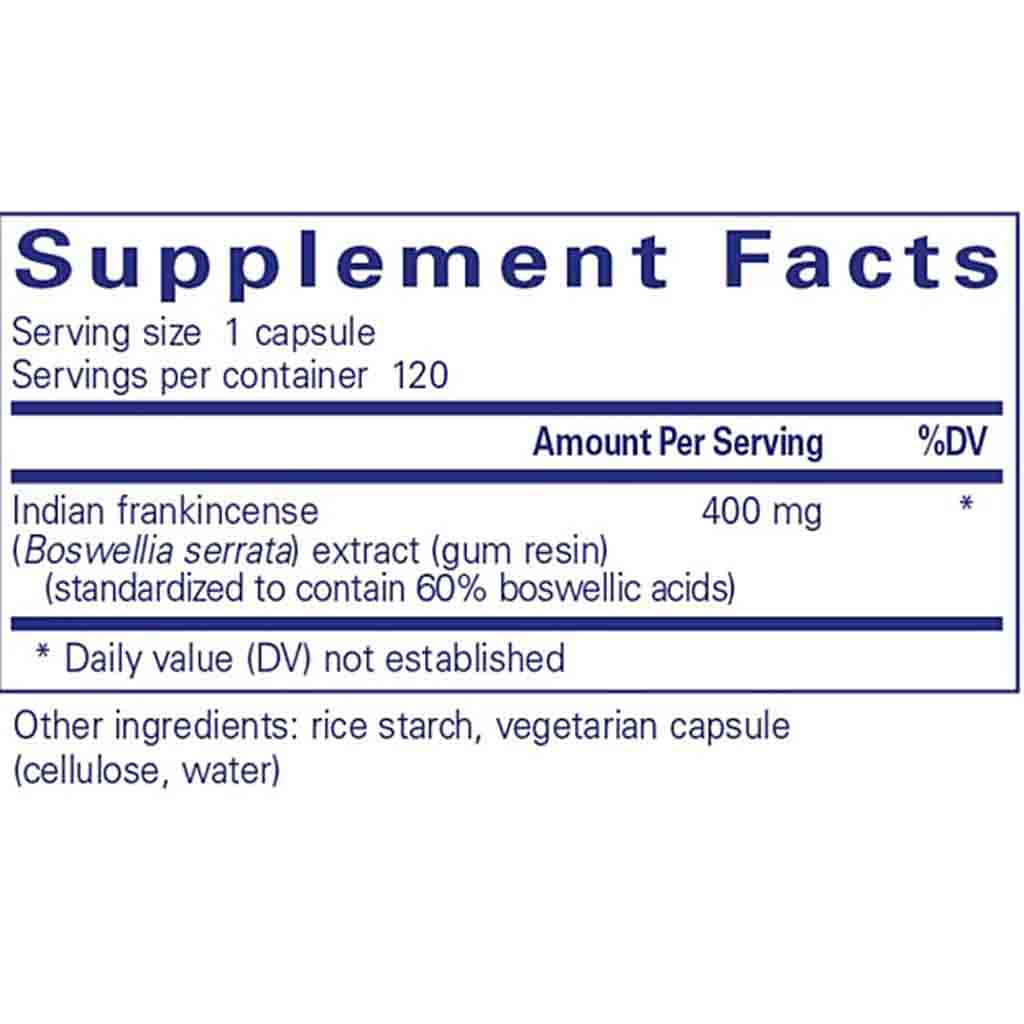 Supplement facts label for Indian frankincense extract on a white background