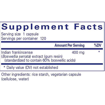 Supplement facts label for Indian frankincense extract on a white background