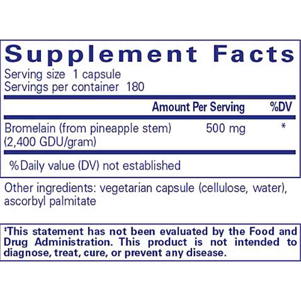 Supplement facts label for a bromelain supplement capsule