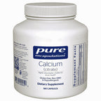 A white bottle of Pure Encapsulations Calcium Citrate with 180 capsules, labeled as gluten-free, non-GMO, and hypoallergenic.