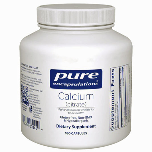 A white bottle of Pure Encapsulations Calcium Citrate with 180 capsules, labeled as gluten-free, non-GMO, and hypoallergenic.