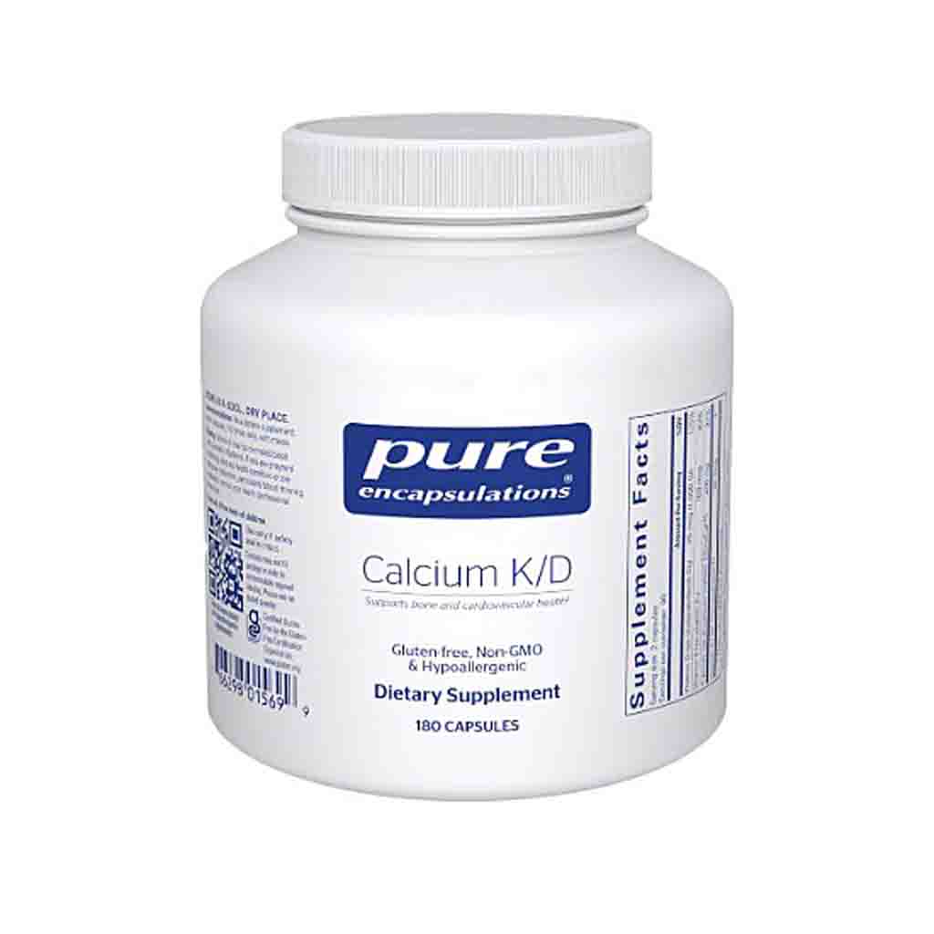 White supplement bottle labeled 'pure encapsulations Calcium K/D' on a white background