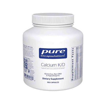 White supplement bottle labeled 'pure encapsulations Calcium K/D' on a white background