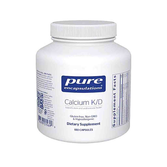 White supplement bottle labeled 'pure encapsulations Calcium K/D' on a white background
