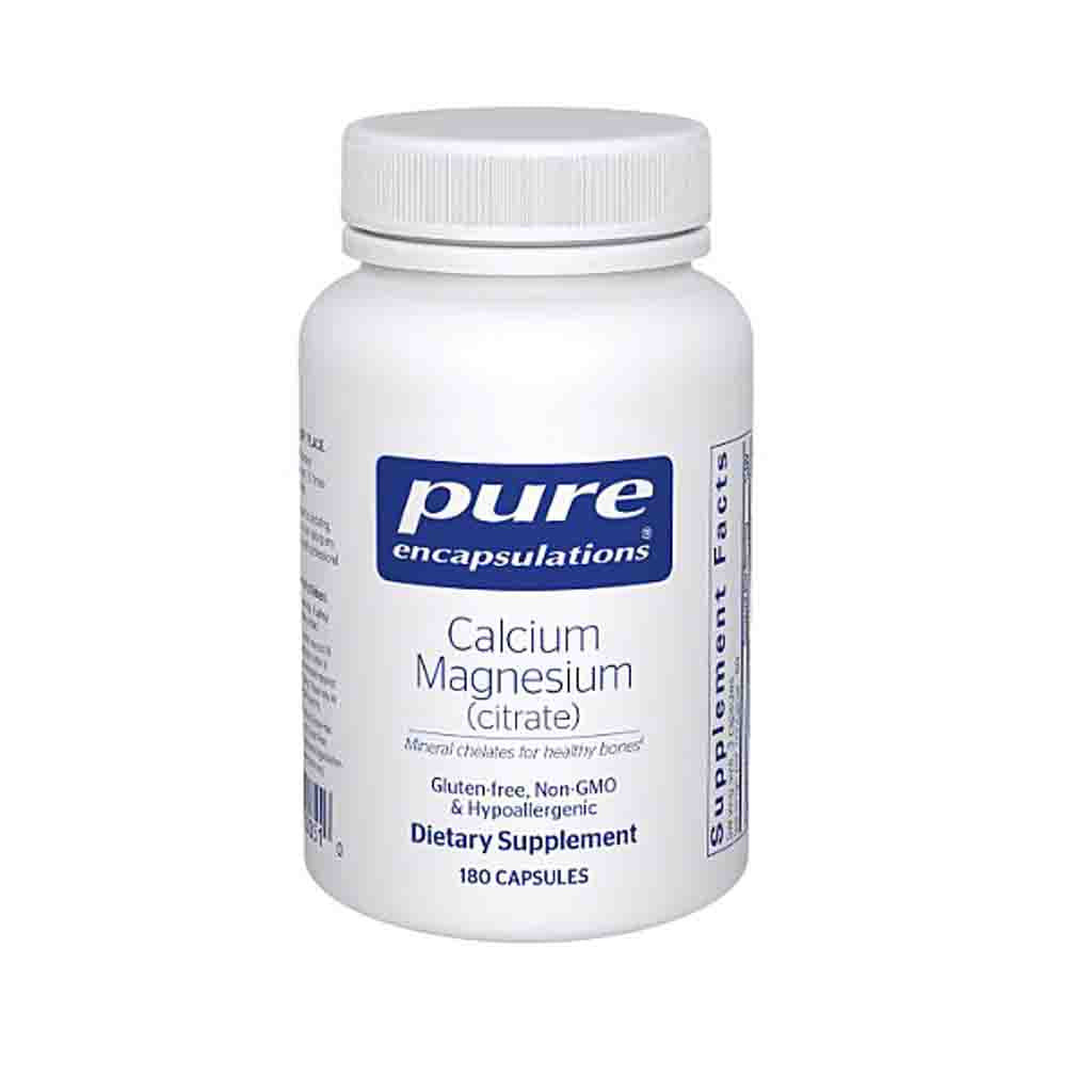 Supplement bottle labeled 'pure encapsulations Calcium Magnesium Citrate' on a white background