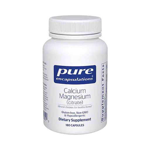 Supplement bottle labeled 'pure encapsulations Calcium Magnesium Citrate' on a white background