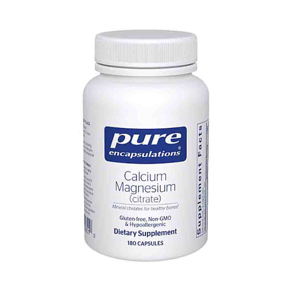 Supplement bottle labeled 'pure encapsulations Calcium Magnesium Citrate' on a white background