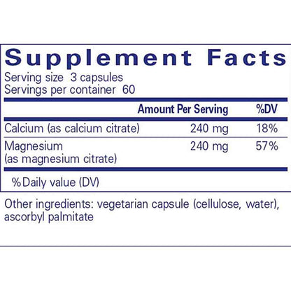 Supplement facts label with calcium and magnesium content on a white background