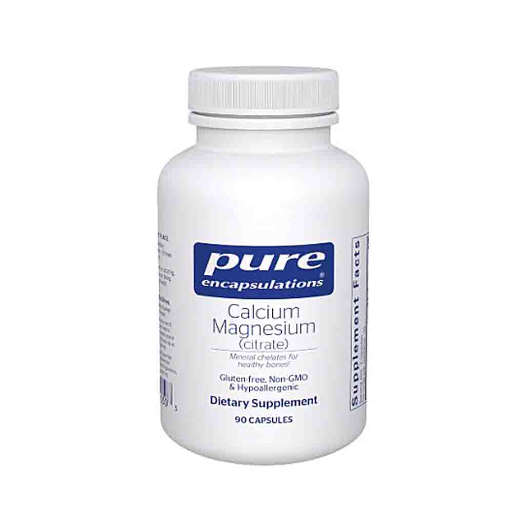 Supplement bottle labeled 'pure encapsulations Calcium Magnesium Citrate' on a white background