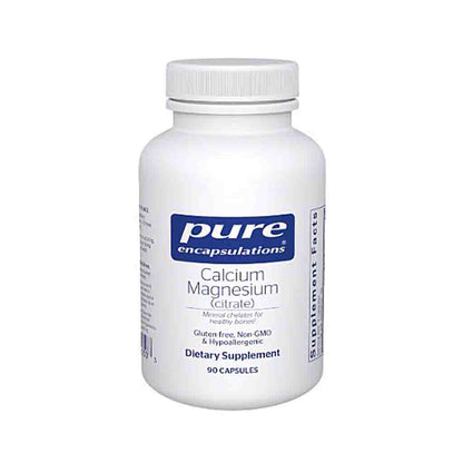Supplement bottle labeled 'pure encapsulations Calcium Magnesium Citrate' on a white background