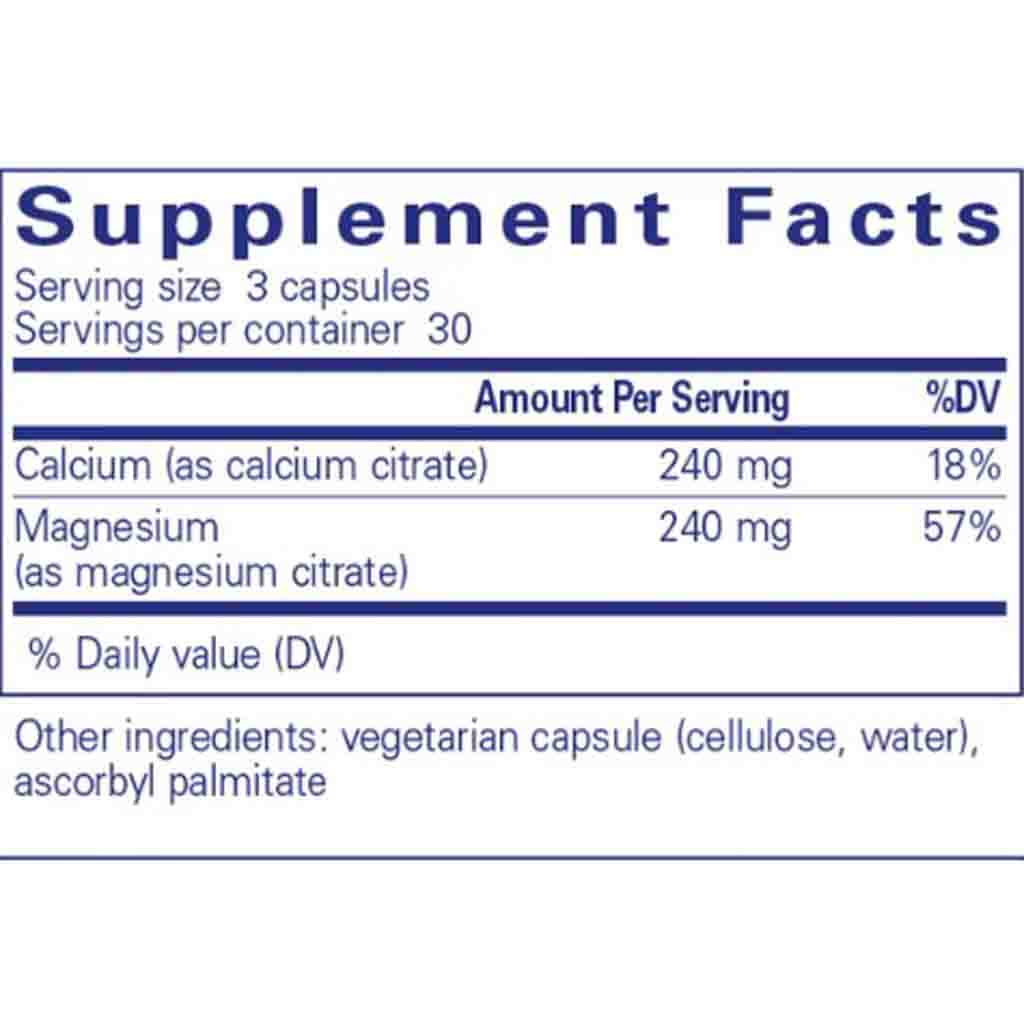 Supplement facts label with calcium and magnesium content on a white background