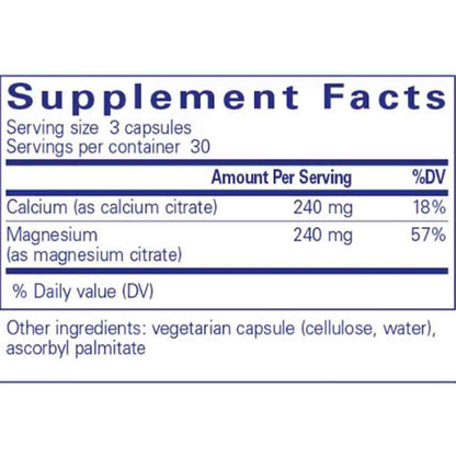 Supplement facts label with calcium and magnesium content on a white background