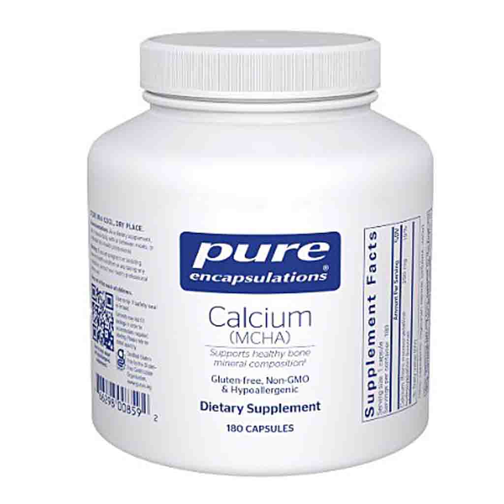 White supplement bottle labeled 'pure encapsulations Calcium (MCHA)' on a white background