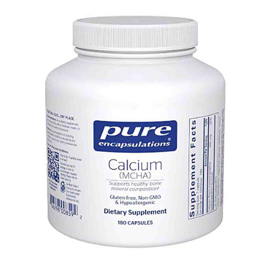 White supplement bottle labeled 'pure encapsulations Calcium (MCHA)' on a white background