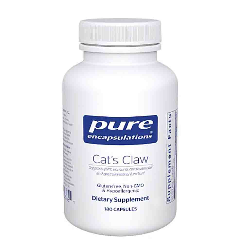 White bottle of Pure Encapsulations Cat's Claw dietary supplement on a white background