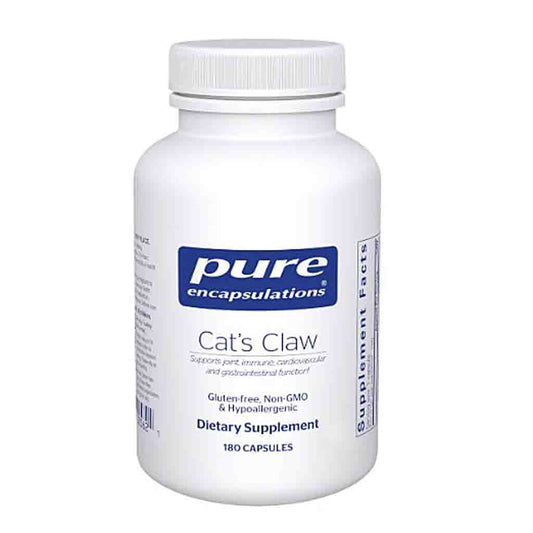 White bottle of Pure Encapsulations Cat's Claw dietary supplement on a white background