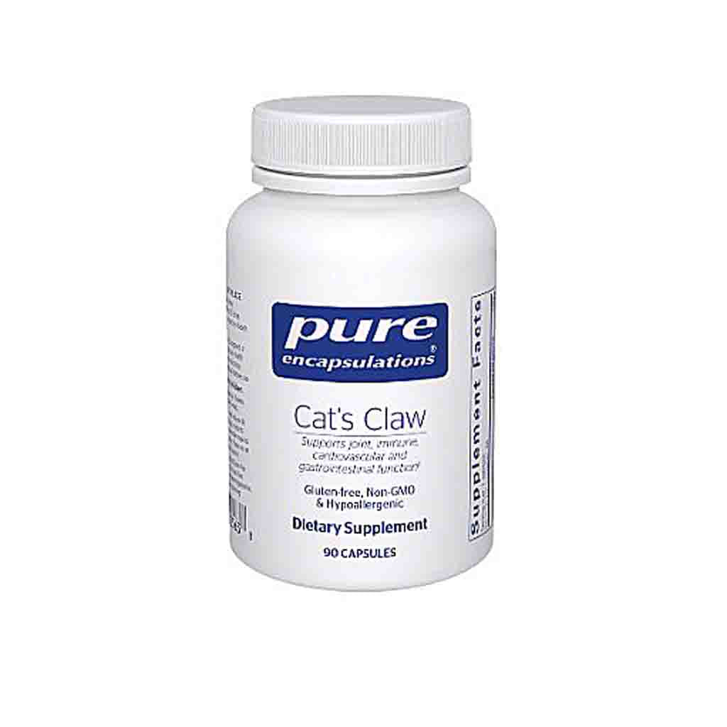 Supplement bottle labeled 'Cat's Claw' by Pure Encapsulations on a white background