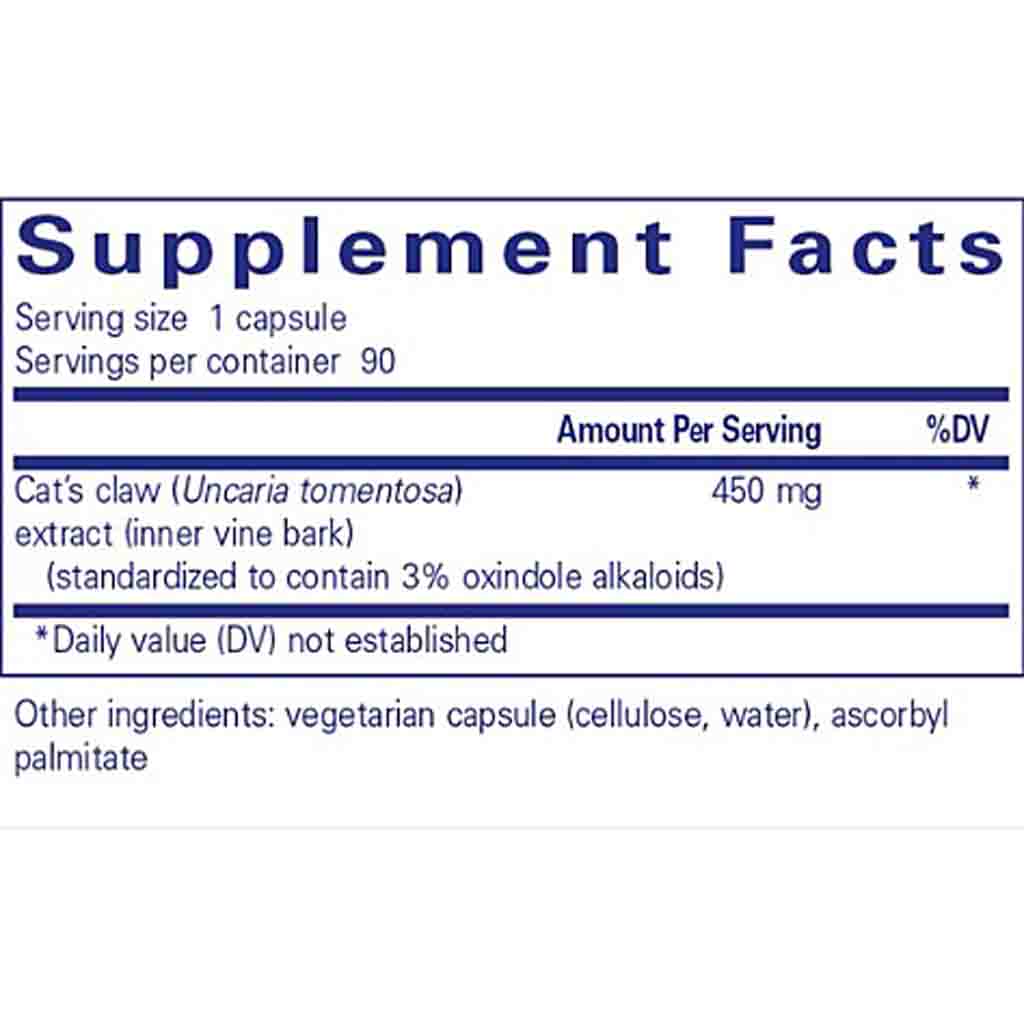 Supplement facts label for cat's claw extract capsules on a white background